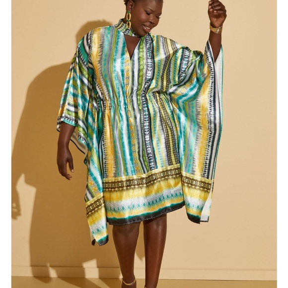 Ashley Stewart Dresses & Skirts - Ashley Stewart Mixed Print Snake Cut Out Dress Kimono Sleeve Handkerchief Hem